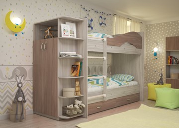 Детская 2-х ярусная кровать ТМК Мая на щитах со шкафом и ящиками, корпус Шимо светлый, фасад Шимо темный в Астрахани