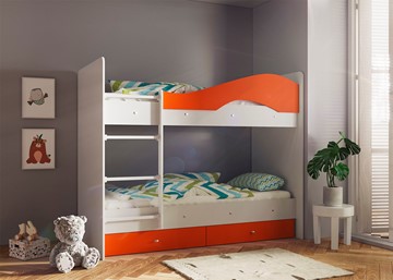 Кровать 2-ярусная Мая с 2 ящиками на щитах, корпус Млечный дуб, фасад Оранжевый в Астрахани