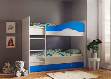 Двухэтажная кровать ТМК Мая с 2 ящиками на щитах, корпус Млечный дуб, фасад Синий в Астрахани