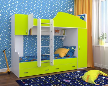 Детская двухэтажная кровать Ярофф Юниор-2, каркас Белое дерево, фасад Лайм в Астрахани