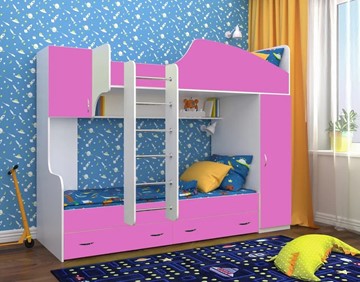 Детская кровать-шкаф Юниор-2, каркас Белое дерево, фасад Розовый в Астрахани