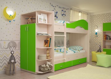 Детская двухъярусная кровать Мая на щитах со шкафом и ящиками, корпус Млечный дуб, фасад Салатовый в Астрахани