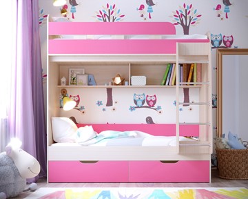 Детская двухэтажная кровать Юниор-5, каркас Дуб, фасад Розовый в Астрахани