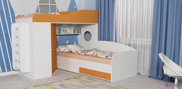 Кровать-чердак детская Кадет-2 с металлической лестницей, корпус Белое дерево, фасад Оранжевый в Астрахани