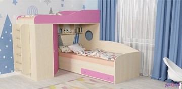 Детская кровать-чердак Кадет-2 с металлической лестницей, корпус Дуб, фасад Розовый в Астрахани
