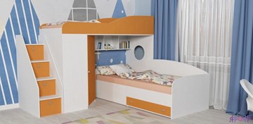 Кровать-чердак в детскую Кадет-2 с универсальной лестницей, корпус Белое дерево, фасад Оранжевый в Астрахани