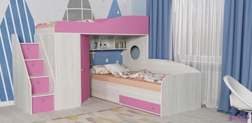 Кровать-чердак в детскую Кадет-2 с универсальной лестницей, корпус Винтерберг, фасад Розовый в Астрахани