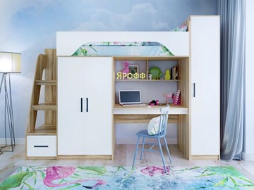 Детская кровать-чердак с шкафом Ярофф Тея, каркас Ясень, фасад Белый в Астрахани