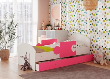 Кровать детская с ящиком и бортиками Мозайка, корпус Белый/фасад Розовый (ламели) в Астрахани