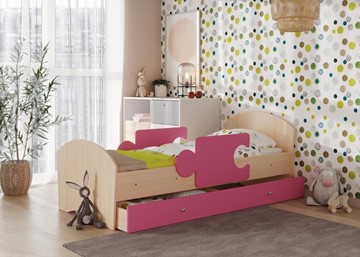 Детская кровать с ящиком и бортиками Мозайка, корпус Млечный дуб/фасад Розовый (щиты) в Астрахани
