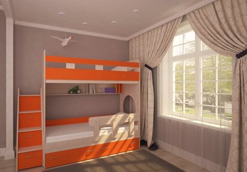 Кровать 2-ярусная Ярофф Юниор-1 с бортом, каркас Дуб, фасад Оранжевый в Астрахани