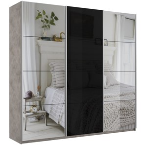Шкаф 3-дверный Широкий Прайм (2 Зеркала / Стекло черное) 2400x570x2300, Бетон в Астрахани
