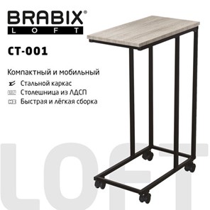 Стол журнальный BRABIX "LOFT CT-001", 450х250х680 мм, на колёсах, металлический каркас, цвет дуб антик, 641860 в Астрахани