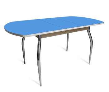 Кухонный стол раскладной ПГ-02 СТ2, дуб молочный/синие стекло/35 хром гнутые металл в Астрахани