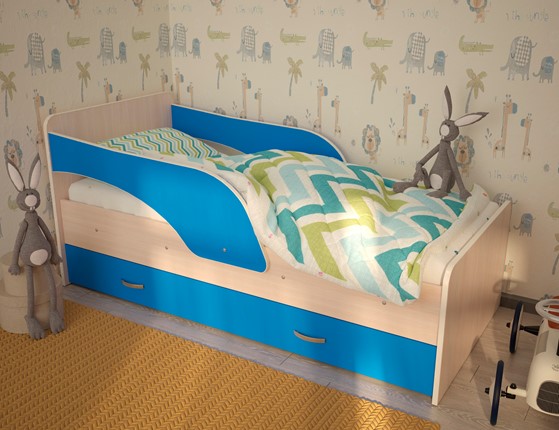 Кровать с ящиками Максимка, корпус Млечный дуб, фасад Синий в Астрахани - изображение