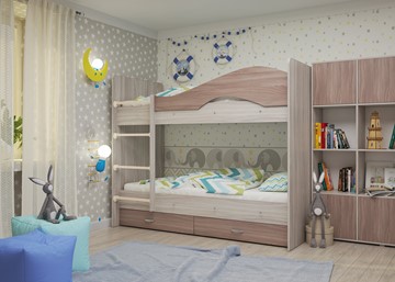 Двухэтажная детская кровать Мая с 2 ящиками на щитах, корпус Шимо светлый, фасад Шимо темный в Астрахани - предосмотр