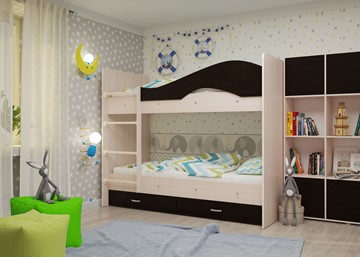 Детская  двухъярусная кровать Мая с 2 ящиками на щитах, корпус Млечный дуб, фасад Венге в Астрахани - предосмотр 1