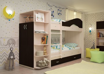 Детская  двухъярусная кровать Мая с 2 ящиками на щитах, корпус Млечный дуб, фасад Венге в Астрахани - предосмотр 2