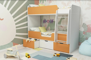 Детская двухэтажная кровать Малыш двойняшка 70х160, корпус Белое дерево, фасад Оранжевый в Астрахани