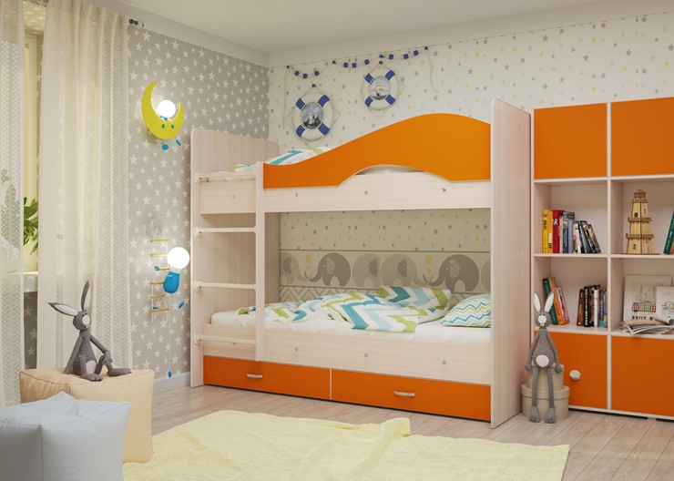 Кровать 2-ярусная Мая с 2 ящиками на щитах, корпус Млечный дуб, фасад Оранжевый в Астрахани - изображение 3