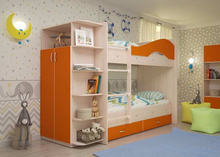 Кровать 2-ярусная Мая с 2 ящиками на щитах, корпус Млечный дуб, фасад Оранжевый в Астрахани - изображение 1