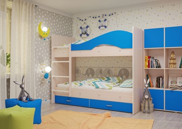 Двухэтажная кровать Мая с 2 ящиками на щитах, корпус Млечный дуб, фасад Синий в Астрахани - предосмотр 3