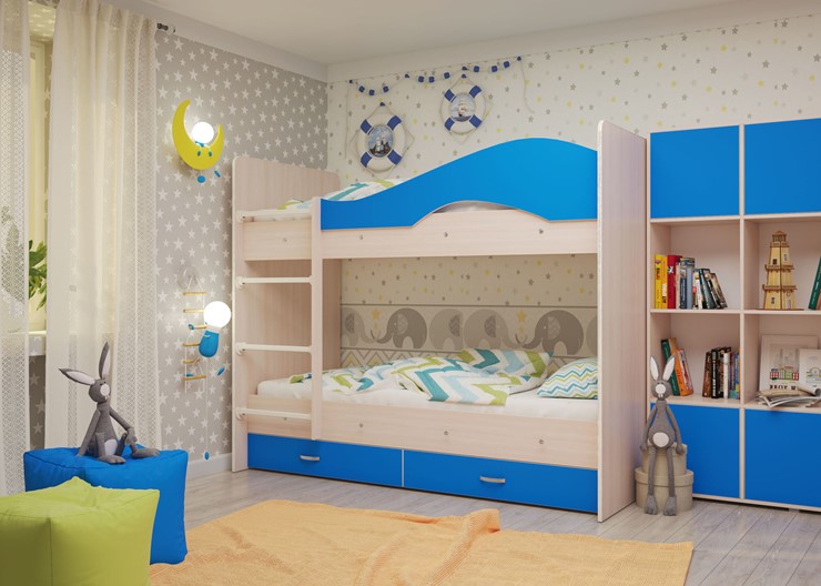 Двухэтажная кровать Мая с 2 ящиками на щитах, корпус Млечный дуб, фасад Синий в Астрахани - изображение 3