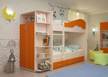 Двухъярусная детская кровать Мая на щитах со шкафом и ящиками, корпус Млечный дуб, фасад Оранжевый в Астрахани