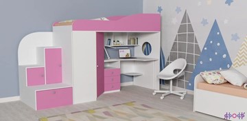 Детская кровать-чердак Кадет-1, корпус Белое дерево, фасад Розовый в Астрахани