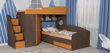 Детская кровать-шкаф Кадет-2 с универсальной лестницей, корпус Ясень анкор темный, фасад Оранжевый в Астрахани