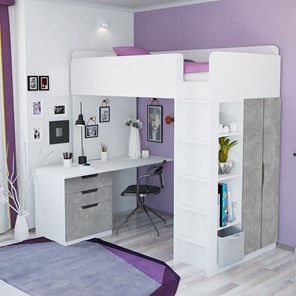 Кровать 2-х ярусная с письменным столом и шкафом POLINI Kids Simple Белый / Бетон в Астрахани - предосмотр 1