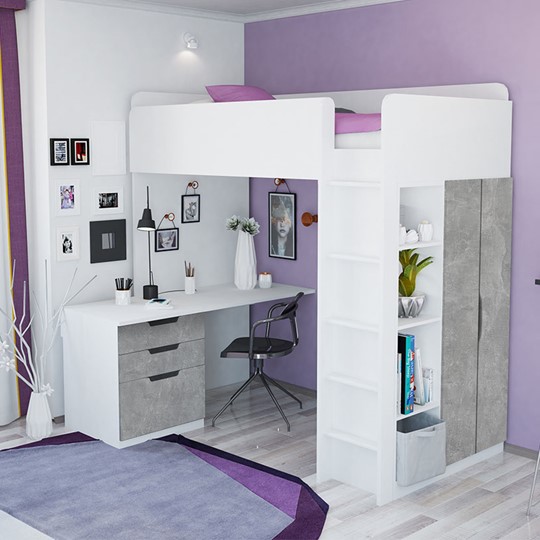 Кровать 2-х ярусная с письменным столом и шкафом POLINI Kids Simple Белый / Бетон в Астрахани - изображение 1