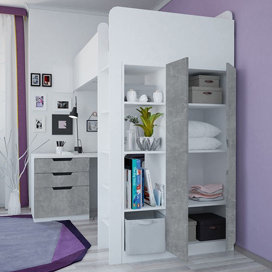 Кровать 2-х ярусная с письменным столом и шкафом POLINI Kids Simple Белый / Бетон в Астрахани - изображение 2