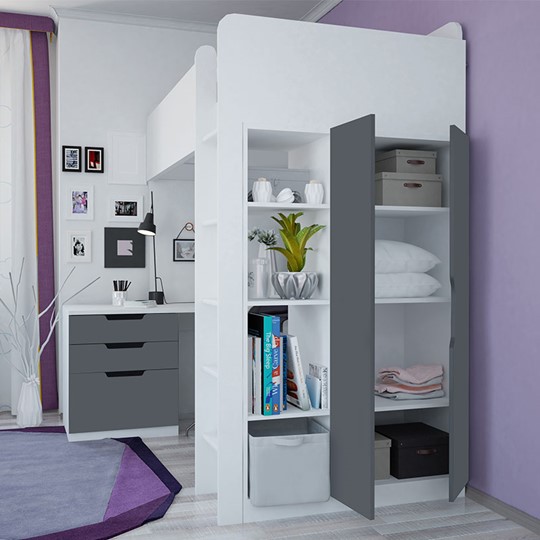 Кровать-чердак с письменным столом и шкафом POLINI Kids Simple Белый / Серый в Астрахани - изображение 1