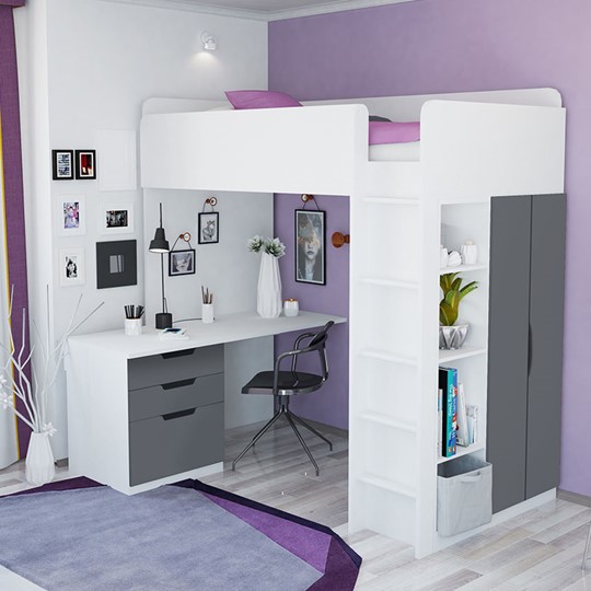 Кровать-чердак с письменным столом и шкафом POLINI Kids Simple Белый / Серый в Астрахани - изображение 3
