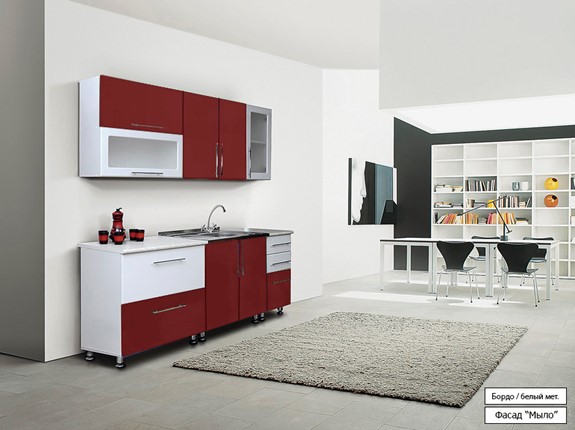 Кухонный гарнитур Мыло 224 2000х718, цвет Бордо/Белый металлик в Астрахани - изображение