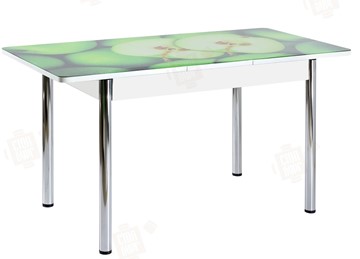 Кухонный раздвижной стол Айсберг-02 СТФ, белое лдсп/зеленые яблоки/ноги хром прямые в Астрахани
