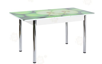 Кухонный стол раскладной Айсберг-01 СТФ, белый/фотопечать зеленые яблоки/ноги хром круглые в Астрахани