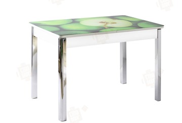 Кухонный раздвижной стол Айсберг-01 СТФ, белый/фотопечать зеленые яблоки/ноги хром квадратные в Астрахани